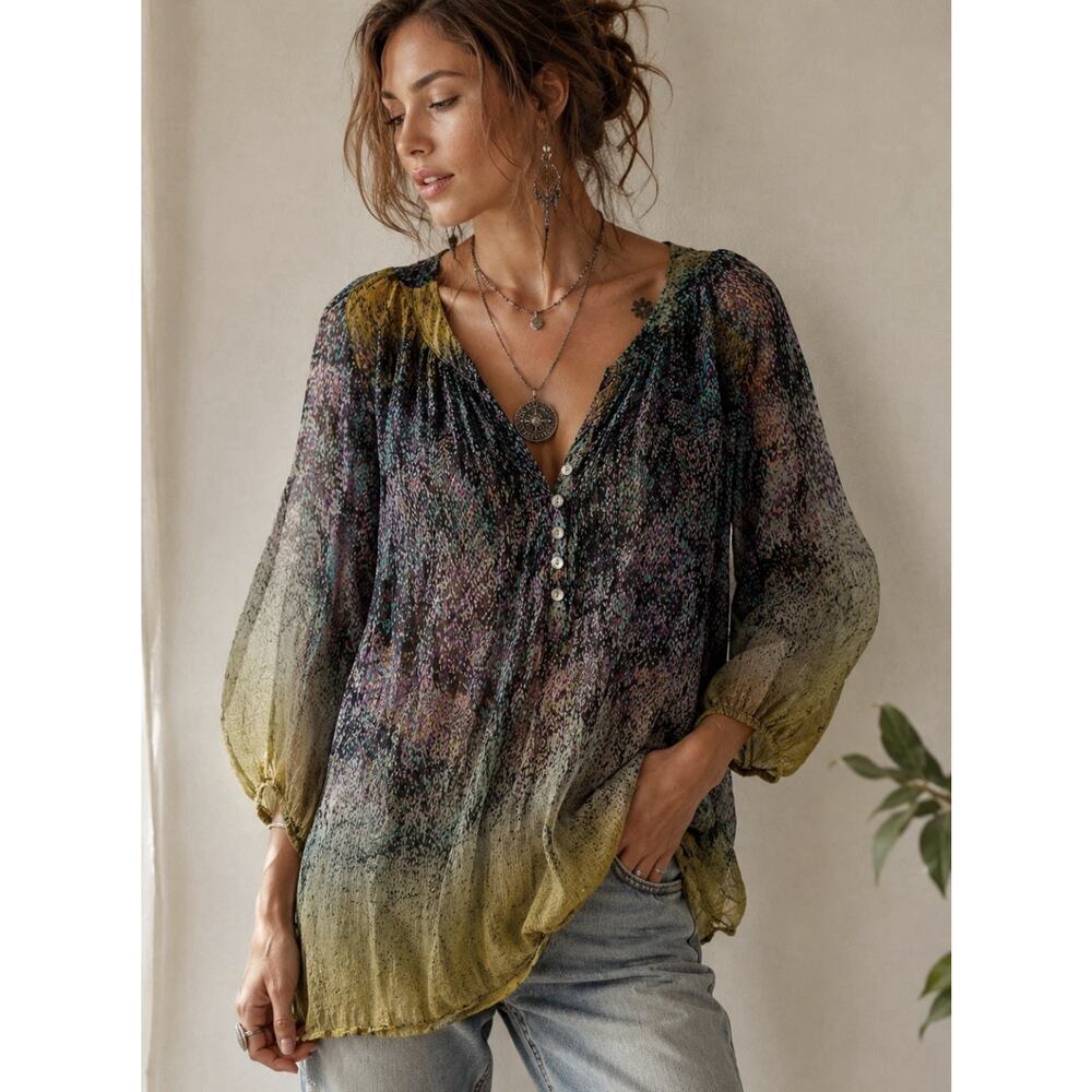 Casual Studio XL Boho Sheer Rayon Tunic Blouse India Watercolor Print Green Purp